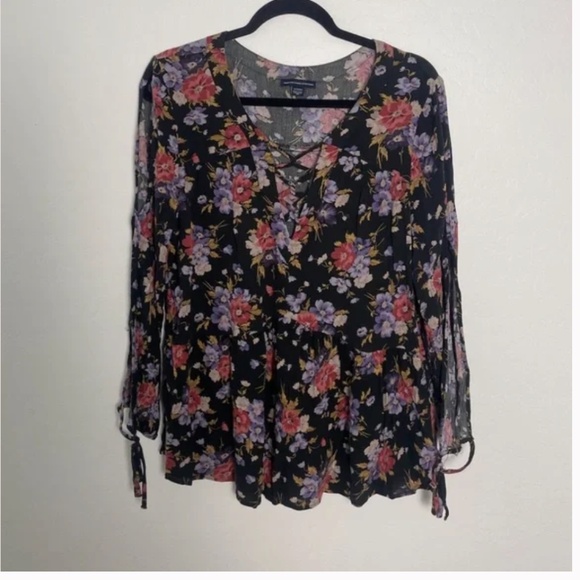 Peplum Top Floral V Neck Tie Drawstring Hipster Hippie Trendy Pullover Blouse - Picture 7 of 7